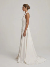 Halter Deep V Satin Wedding Dress With High Slit