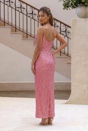 Pink Sequin Cowl Neck Spaghetti Strap Column Evening Dress
