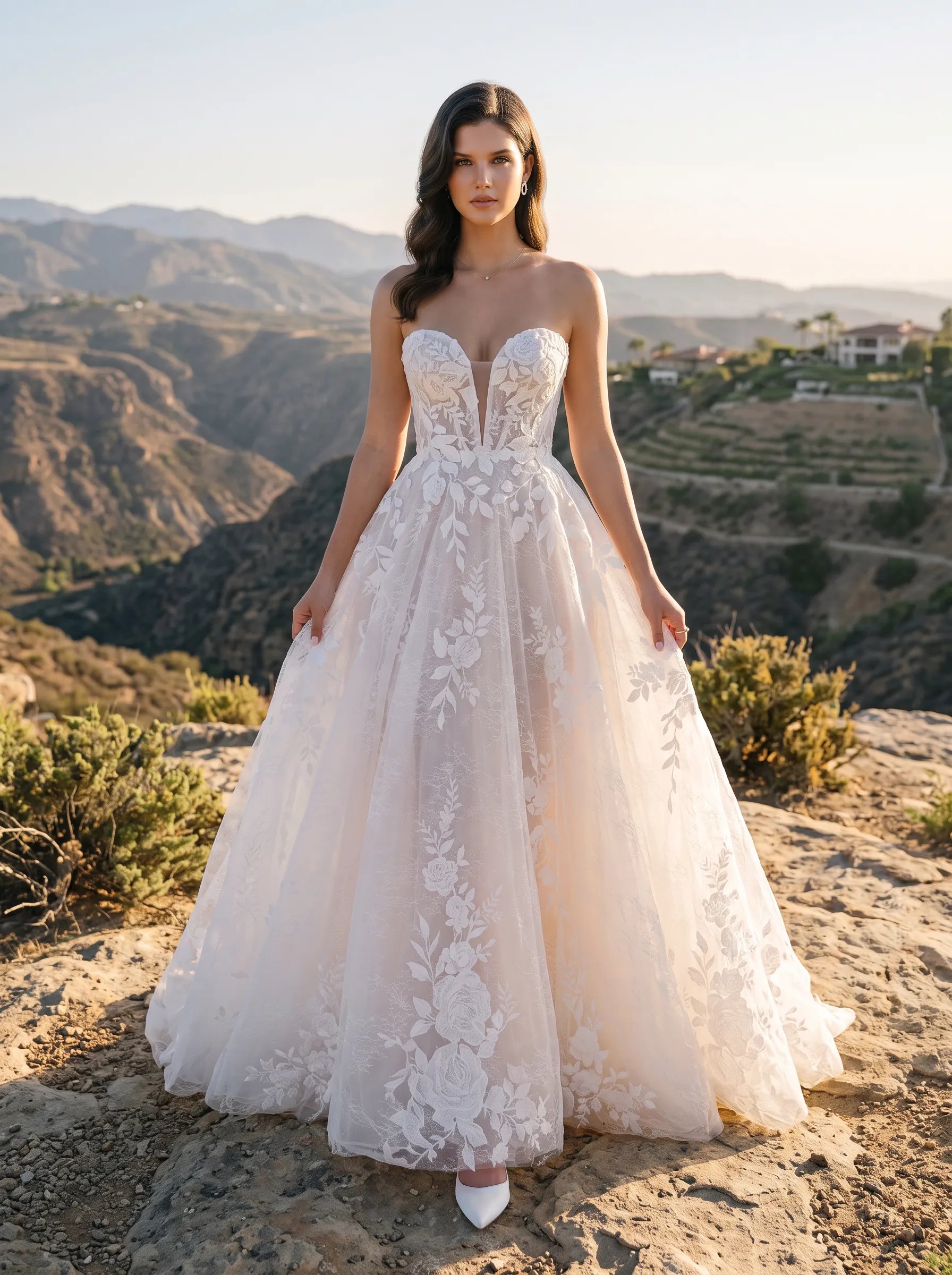 Strapless Illusion-Plunge Lace A-Line Wedding Dress with Sweep Train