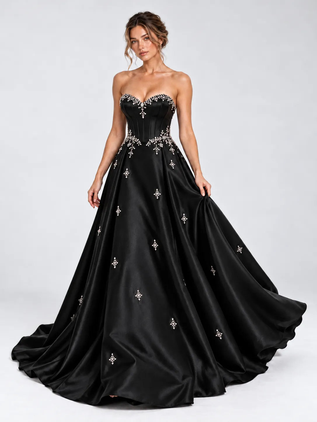 Strapless Crystal-Embellished Satin Ball Gown Wedding Dress