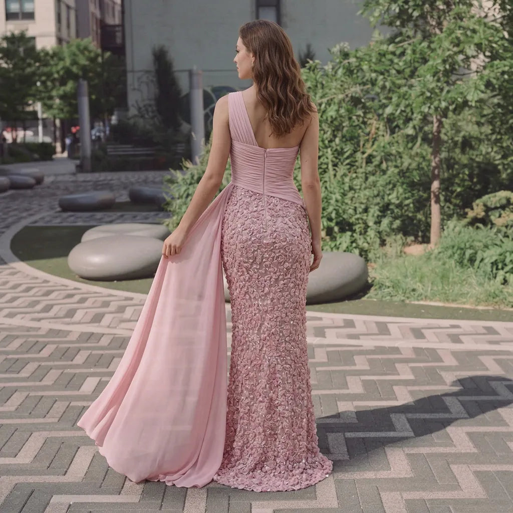 One-Shoulder Draped Rosette-Applique Pink Column Evening Dress