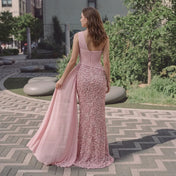 One-Shoulder Draped Rosette-Applique Pink Column Evening Dress
