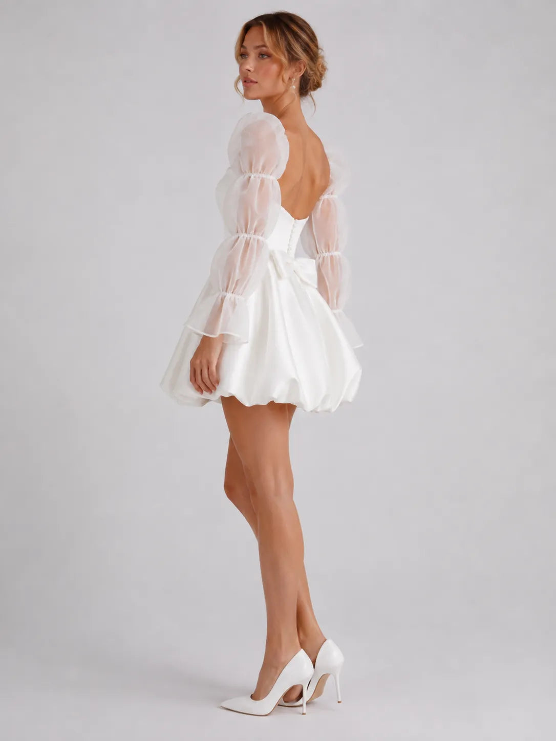 Romantic Sweetheart Short Wedding Dress with Puff Organza Long Sleeves and Back Bow