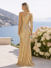 One-Shoulder Sequin High-Neck Long Evening Dress with Slit