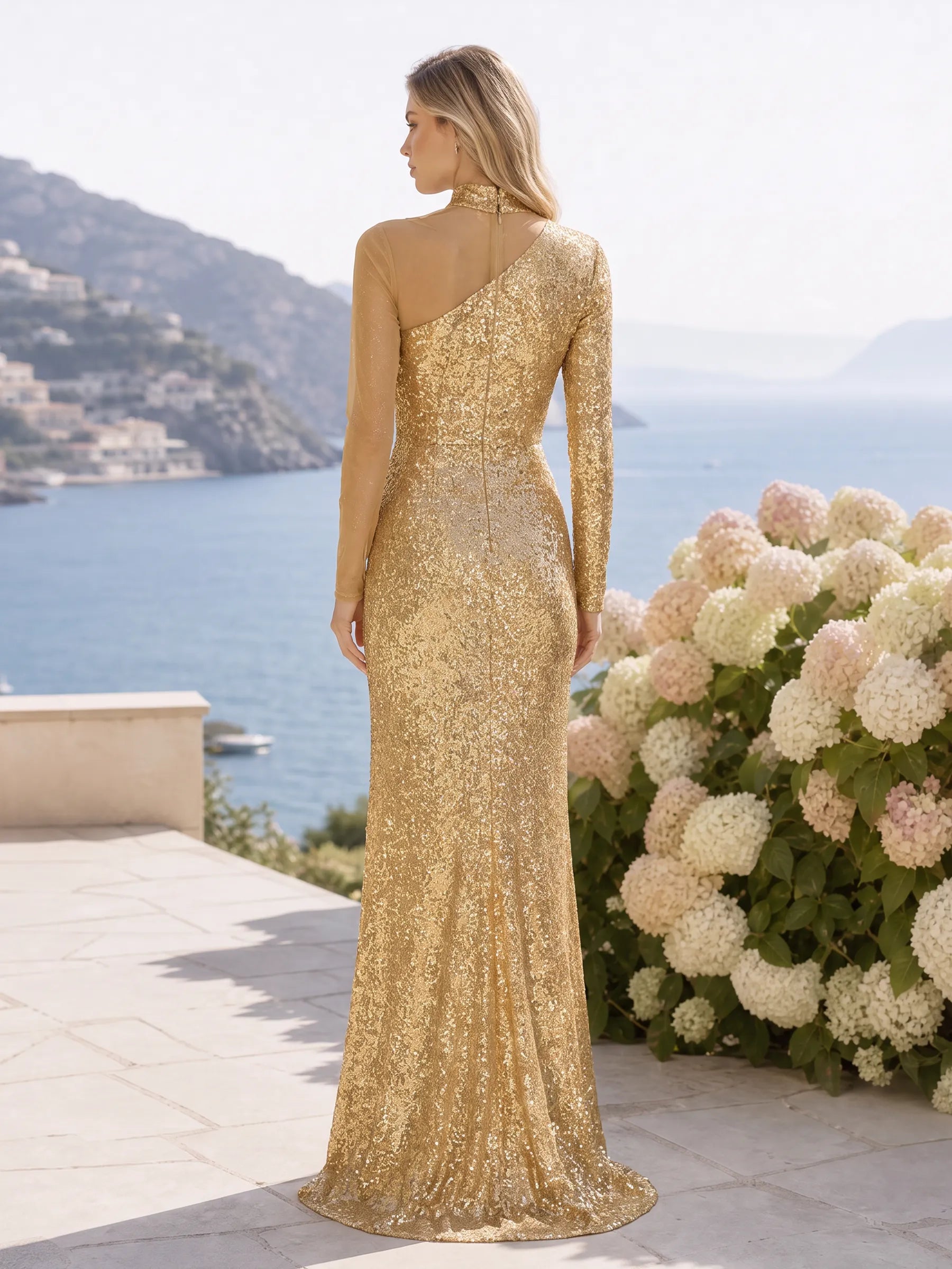 One-Shoulder Sequin High-Neck Long Evening Dress with Slit