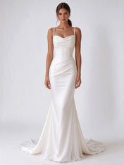 Cowl-Neck Draped Satin Mermaid Bridal Wedding Dress with Geometric Back