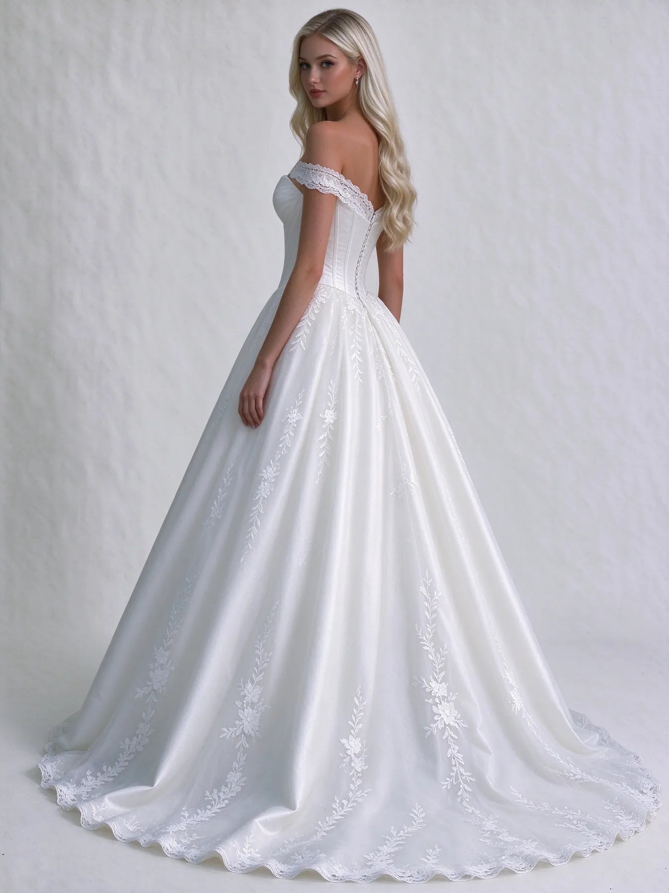 Off-the-Shoulder Lace Corset Ball Gown Wedding Dress