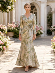 V-Neck Long-Sleeve Brocade Mermaid Evening Dress with Draped Waist and Floral Accent