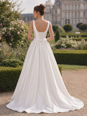 Ivory Satin Deep V-Neck Ball Gown Wedding Dress with Lace-Up Back
