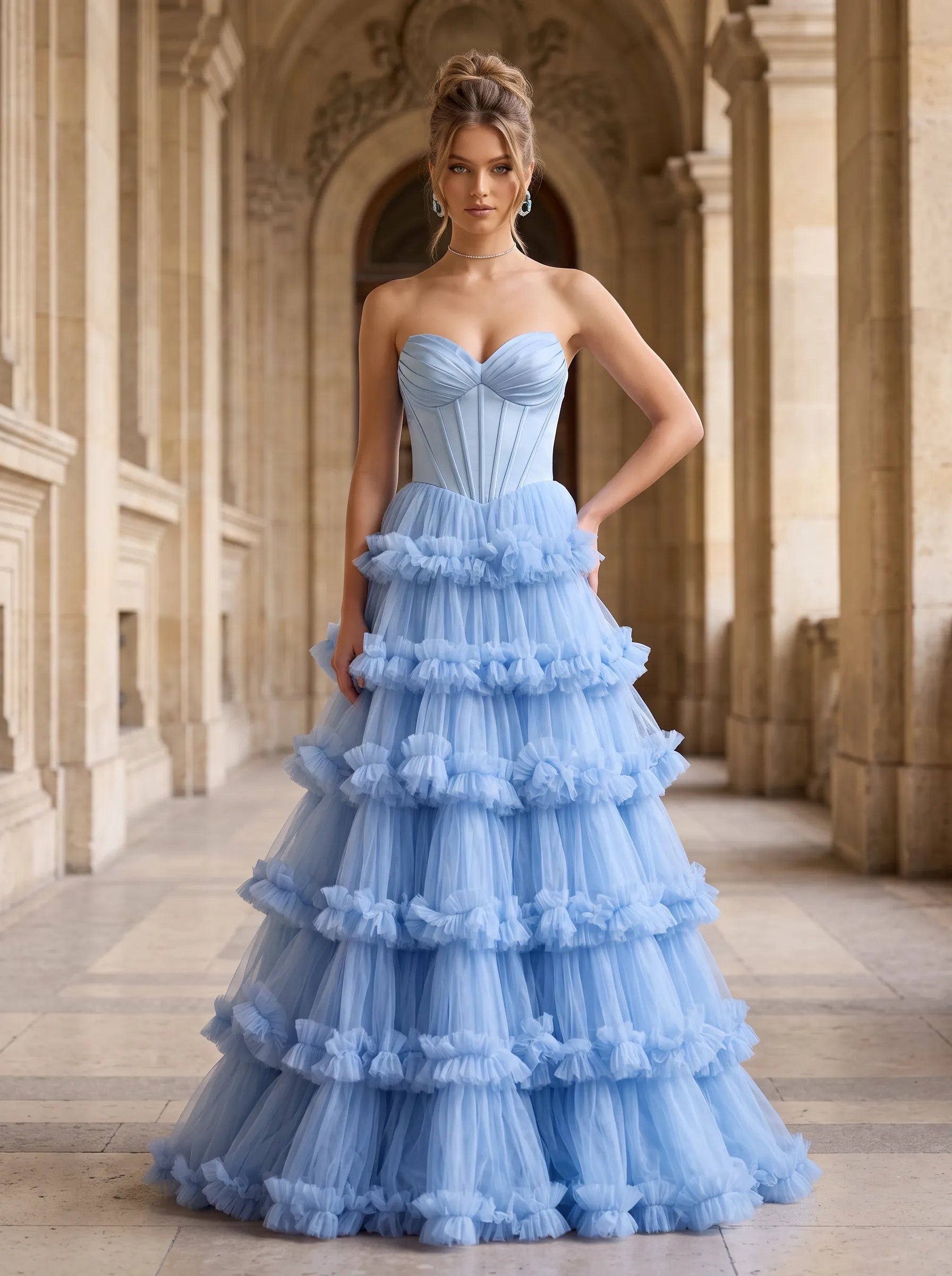 Strapless Sweetheart Pleated-Corset Tiered Tulle Prom Dress