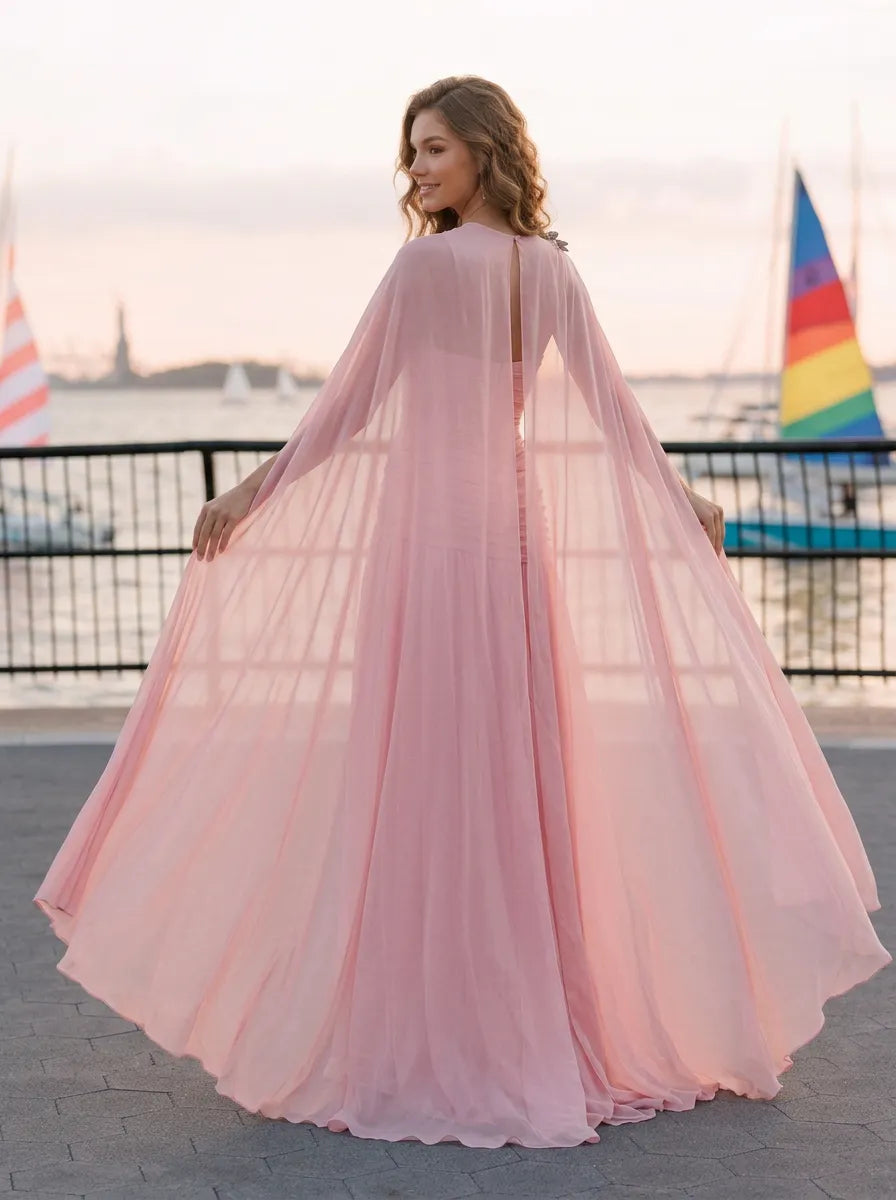 Blush Pink Ruched Strapless Evening Dress with Matching Cape