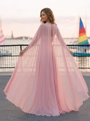 Blush Pink Ruched Strapless Evening Dress with Matching Cape