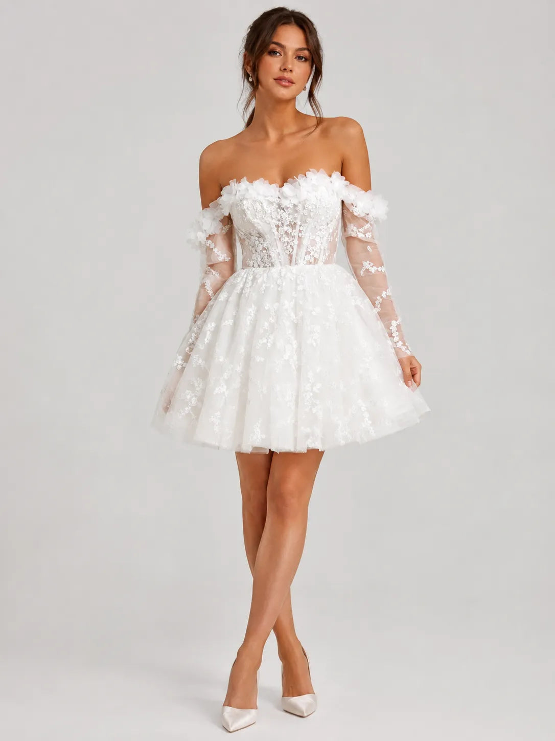 3D Floral Off-Shoulder Lace Mini Wedding Dress with Sheer Long Sleeves