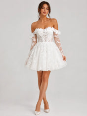 3D Floral Off-Shoulder Lace Mini Wedding Dress with Sheer Long Sleeves
