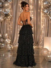 Strapless Tiered Sequin-Embellished A-Line Prom Dress
