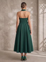 Choker-Neck 3D Floral Applique Strapless Midi A-Line Cocktail Dress with Pockets