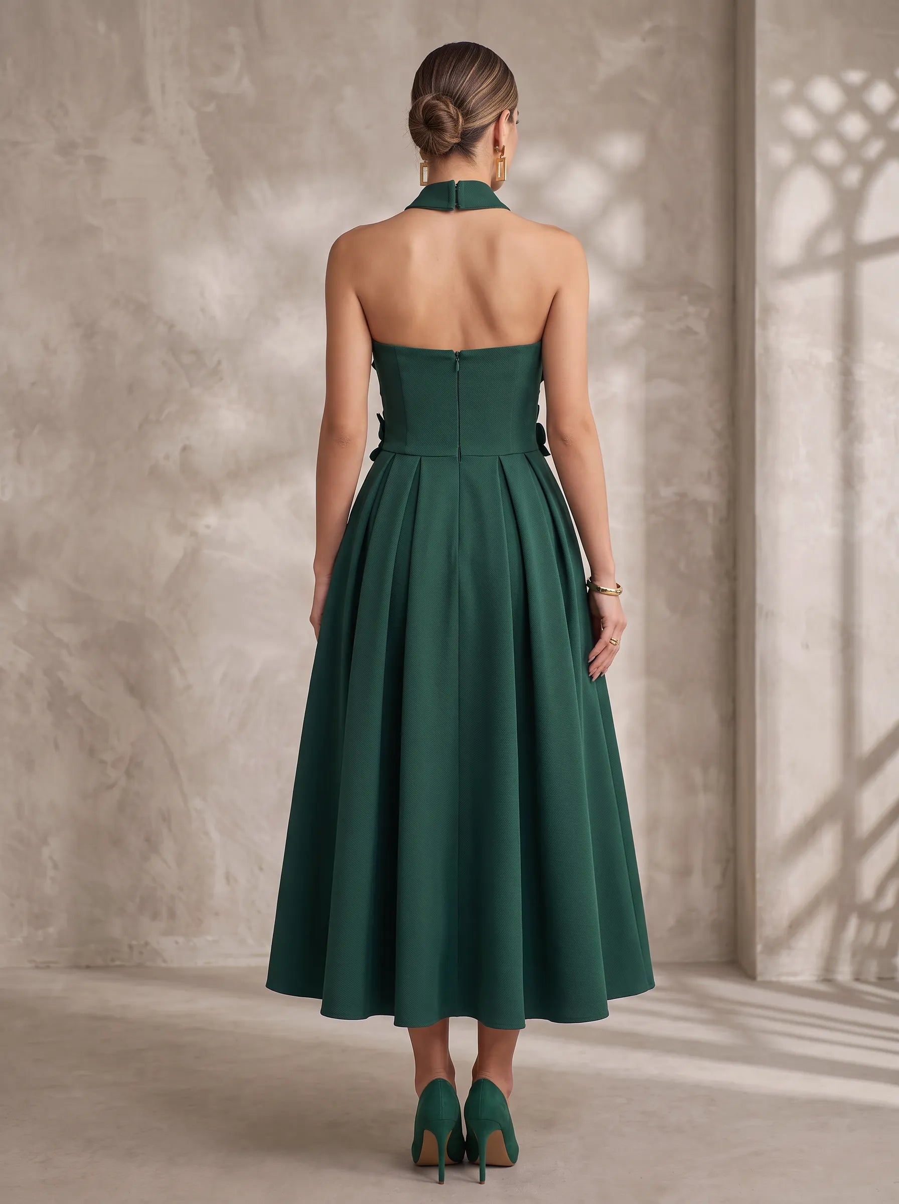 Choker-Neck 3D Floral Applique Strapless Midi A-Line Cocktail Dress with Pockets