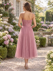 Dusty Rose Pleated Sweetheart Midi Evening Dress