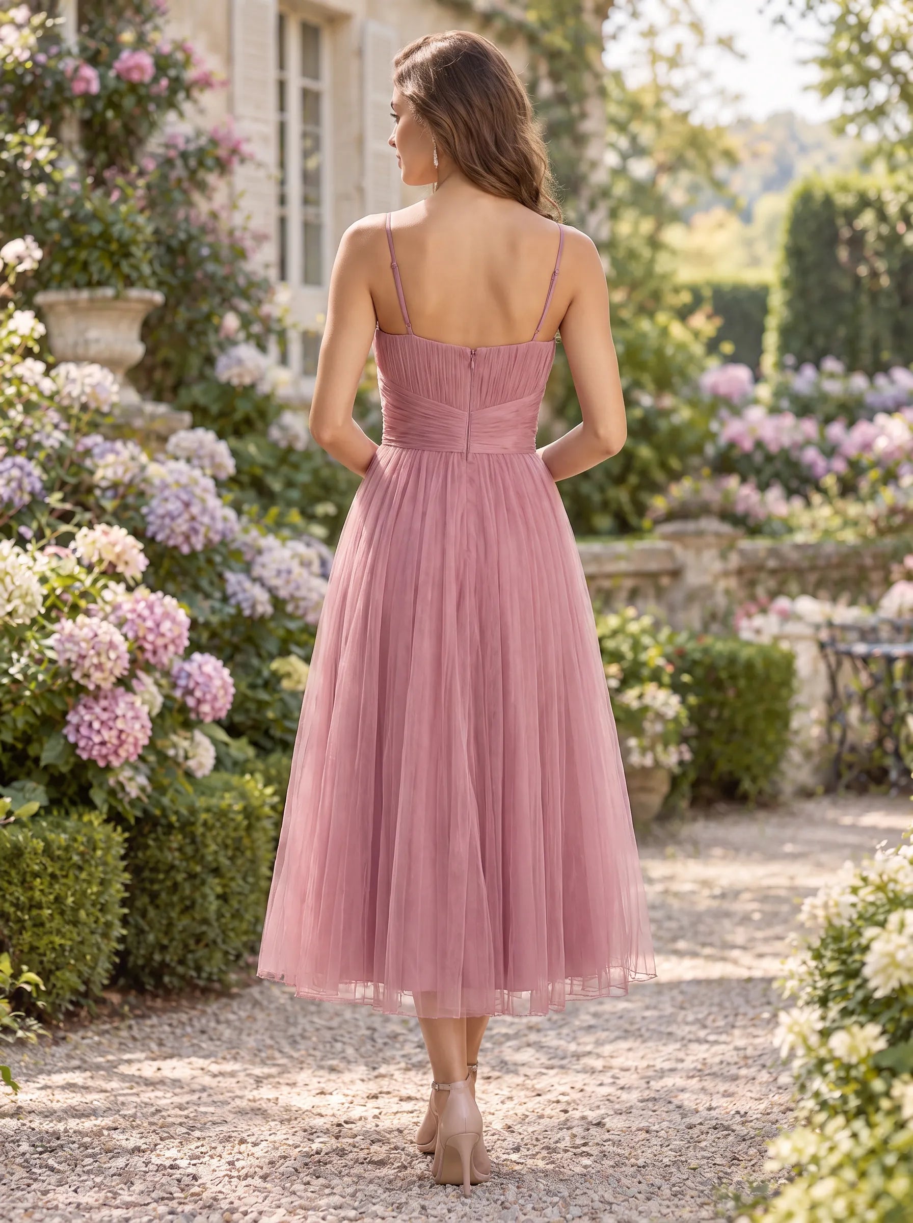 Dusty Rose Pleated Sweetheart Midi Evening Dress