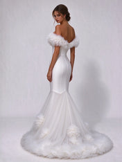Off-the-Neck Ruffled-Trim Crepe Mermaid Wedding Dress with Cathedral Train