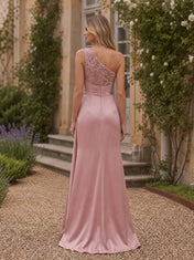 Pink One-Shoulder Sequin Slit Satin Sleeveless Evening Dress