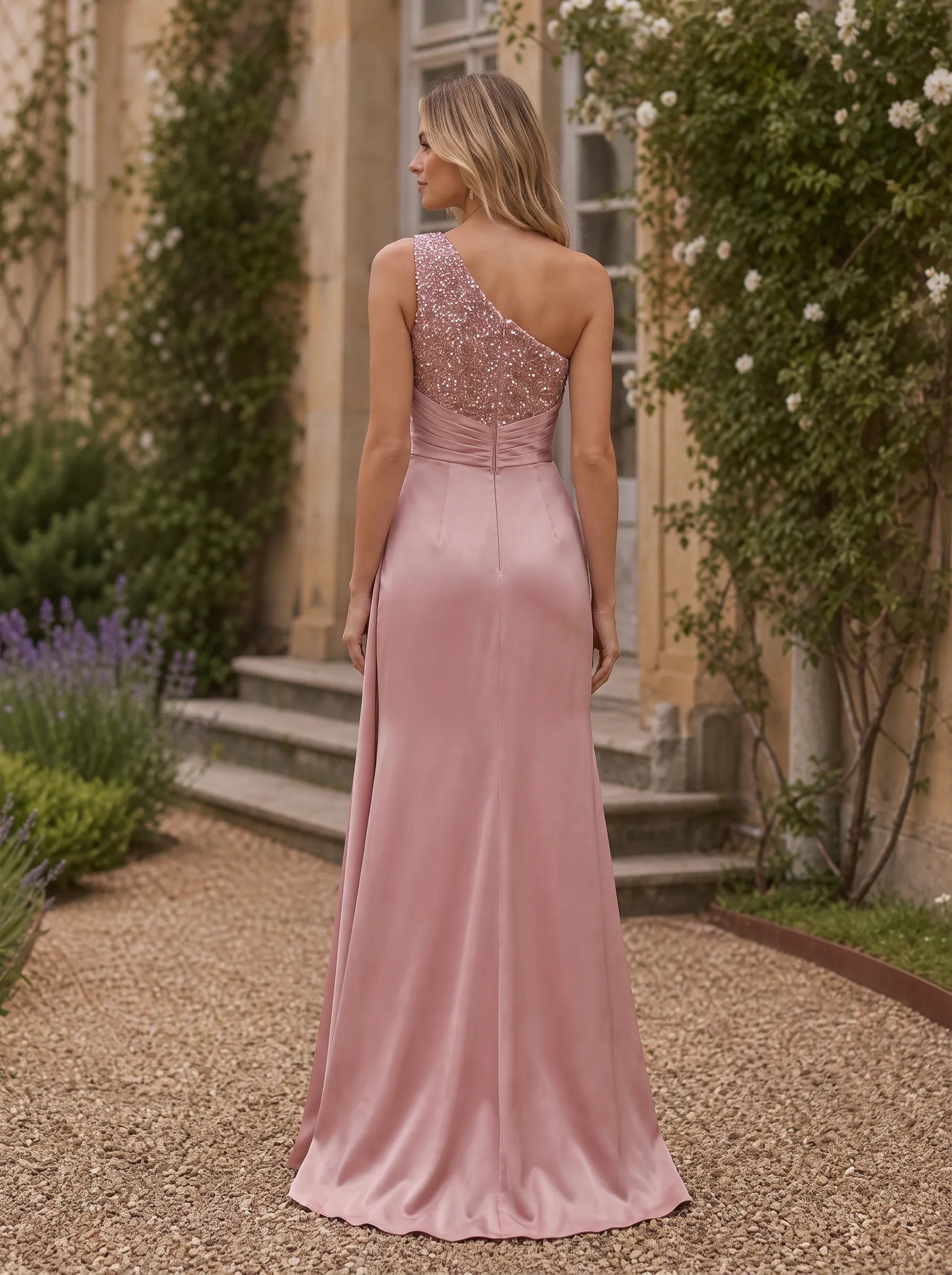 Pink One-Shoulder Sequin Slit Satin Sleeveless Evening Dress