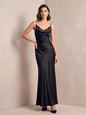 Lace-Trim Cowl-Neck Satin Slip Prom Dress with Asymmetric Seam and Spaghetti Straps