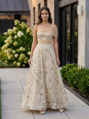 Off-the-Shoulder Draped Tulle Floral Applique Champagne Ball Gown Evening Dress