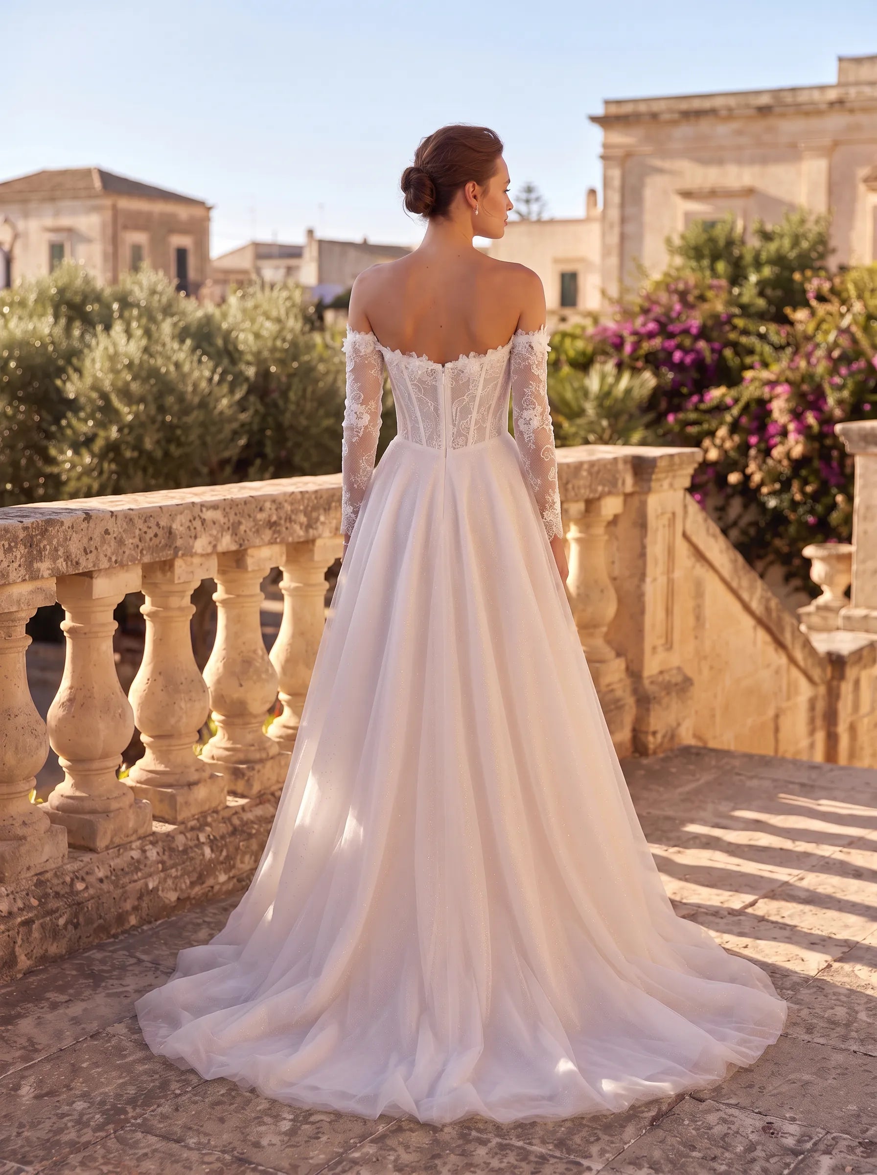 Off-the-Shoulder Floral Lace Corset Sparkle Tulle A-Line Wedding Dress