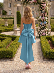 Architectural Blush Pink Strapless High-Low Satin Homecoming Mini Dress