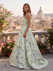 Strapless Floral Jacquard A-Line Prom Dress with Exposed Seams and Corset Back
