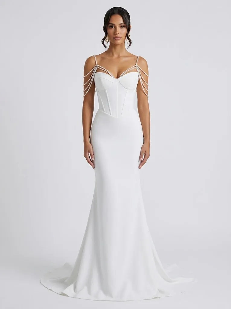 Pearl Chain Off-Shoulder Corset Crepe Sleeveless Mermaid Wedding Dress