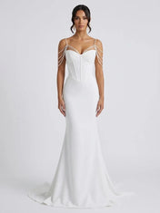 Pearl Chain Off-Shoulder Corset Crepe Sleeveless Mermaid Wedding Dress