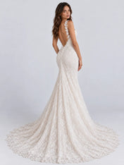 Sleepless Lace Mermaid Wedding Dress with Open V-Back and Chapel Train