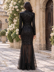 Tuxedo Blazer Sequin Mermaid Evening Dress with Sheer Tulle Overlay