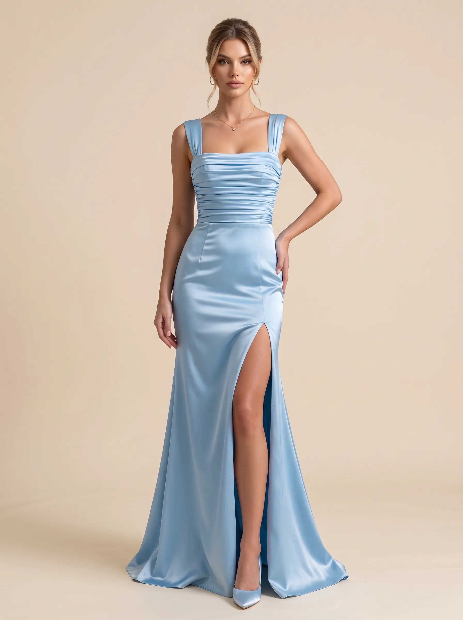 Square-Neck Ruched Bodice Satin Mermaid Evening Dress with Thick Straps