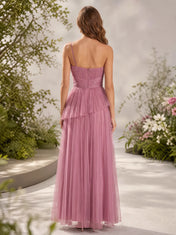 Dusty Rose Pleated One-Shoulder A-Line Evening Dress