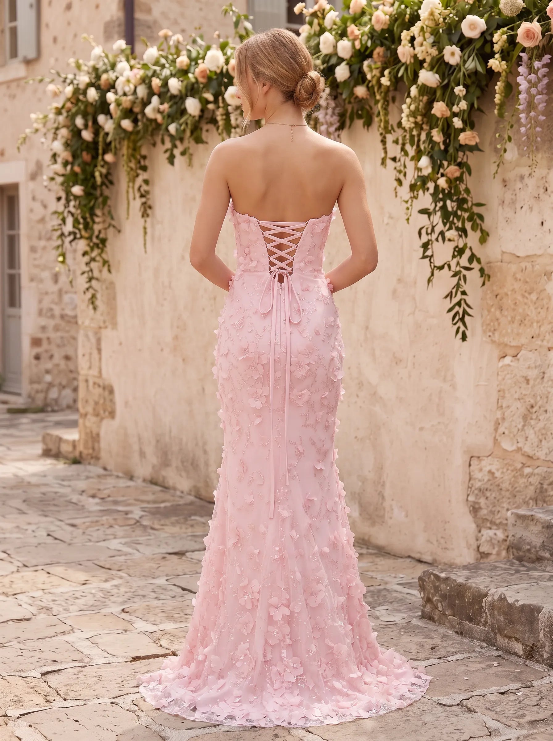 Strapless Sweetheart 3D Floral Lace Mermaid Evening Gown Prom Dress