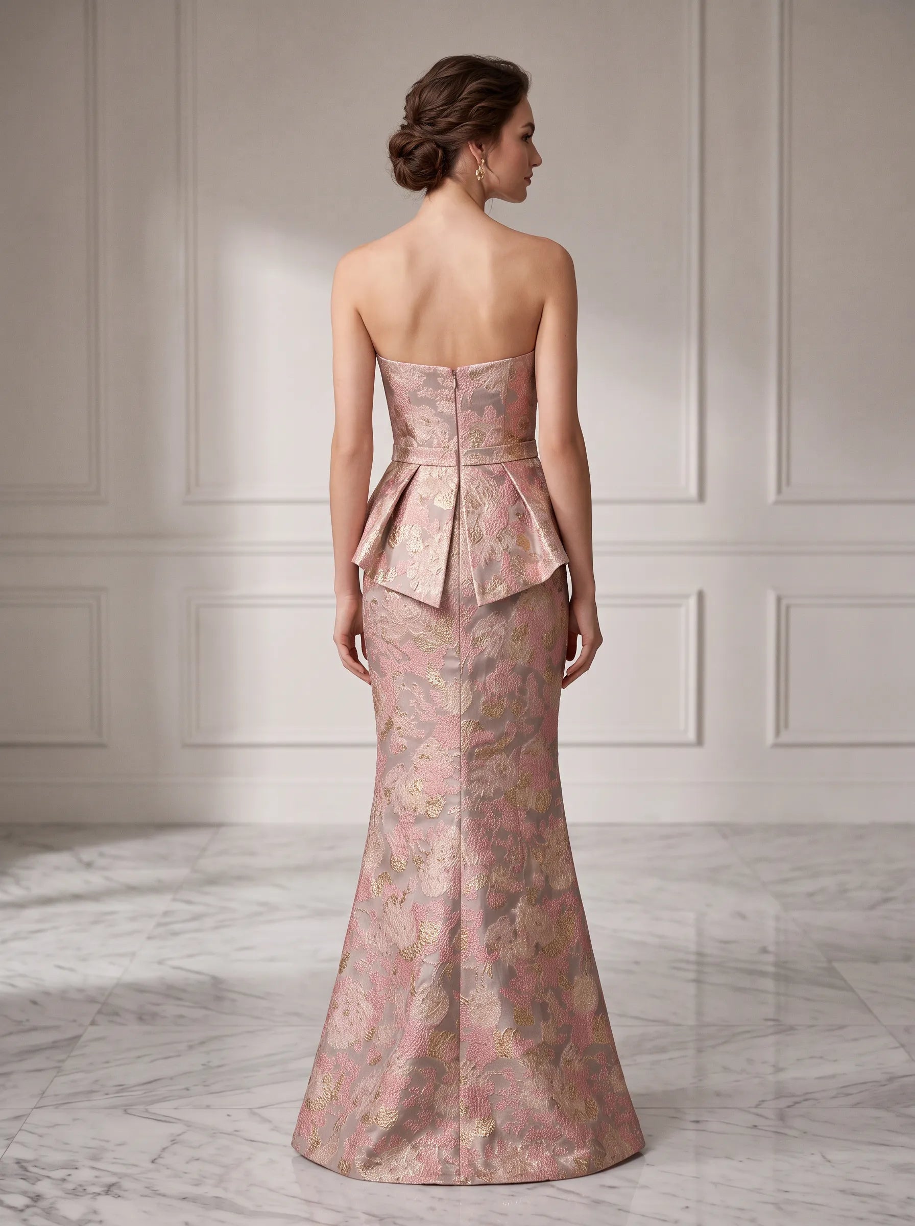 Strapless Brocade Peplum Mermaid Column Evening Dress