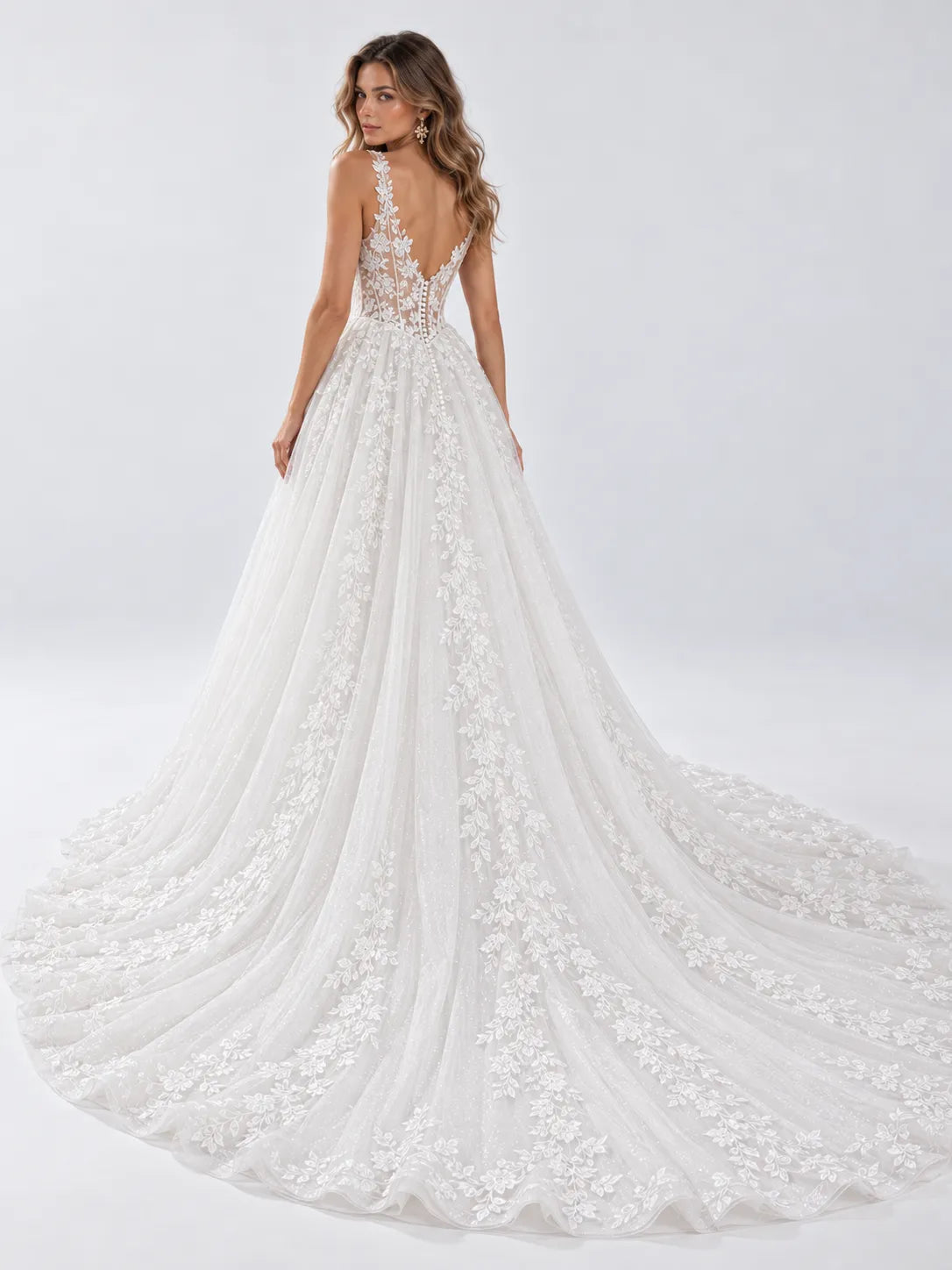Sleeveless Floral Lace A-Line Wedding Dress with Illusion Corset Bodice and Cathedral Train