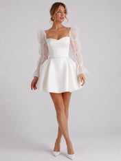 Romantic Sweetheart Short Wedding Dress with Puff Organza Long Sleeves and Back Bow