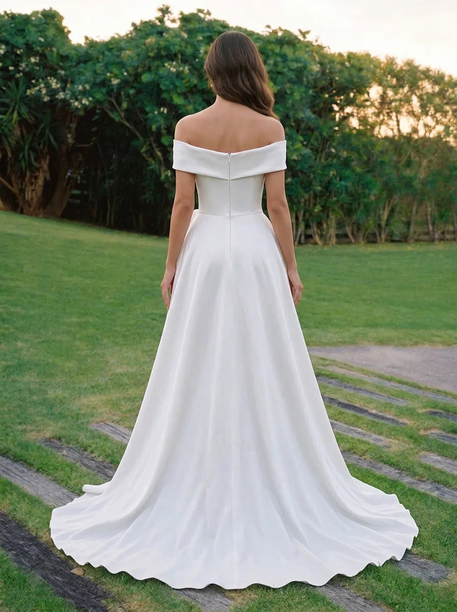 Off-the-Shoulder Draped Satin A-Line Wedding Dress with Ruffle and Slit