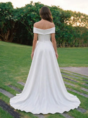 Off-the-Shoulder Draped Satin A-Line Wedding Dress with Ruffle and Slit
