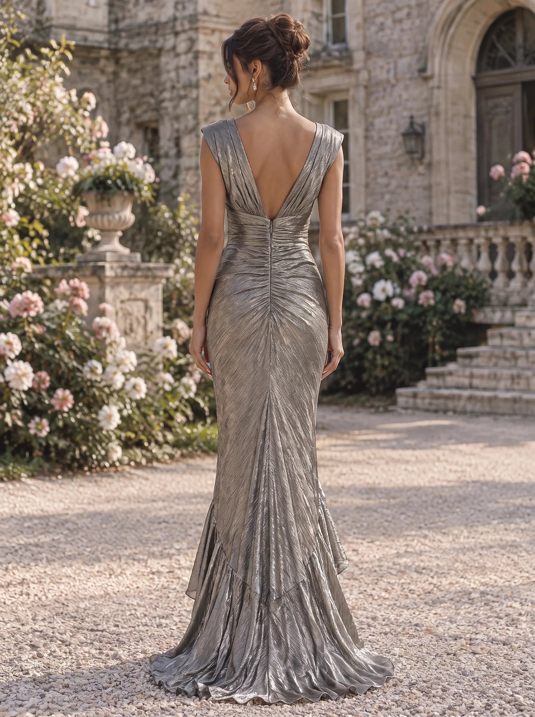 Deep V-Neck Metallic Tiered Ruffle Mermaid Evening Dress