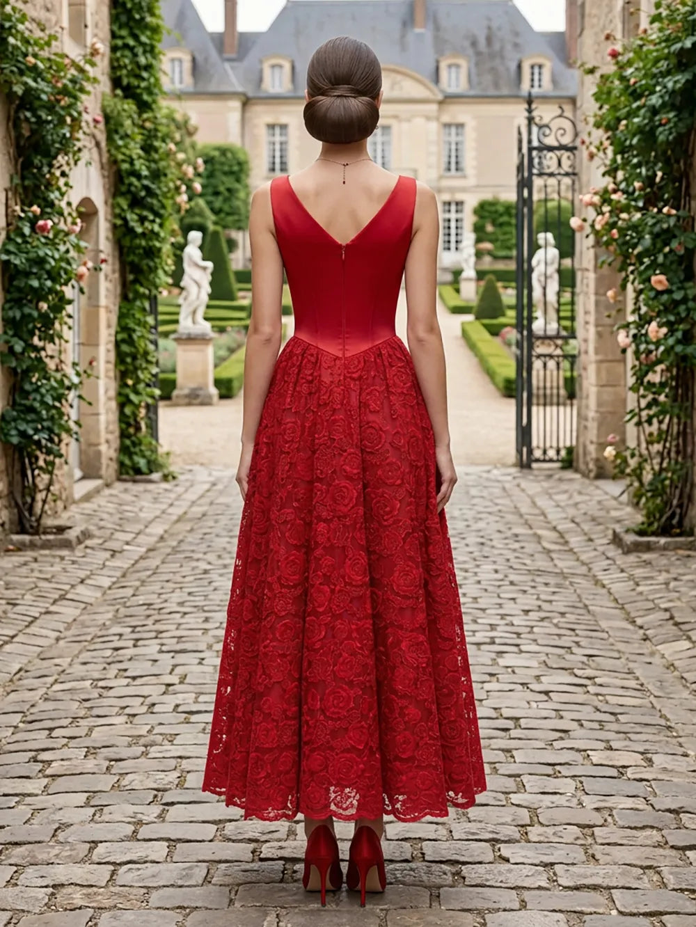 V-Neck Ruched Bodice Floral Lace Midi Evening Dress