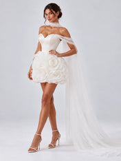Strapless Sweetheart 3D Rosette Mini Wedding Dress with Detachable Sheer Scarf Train