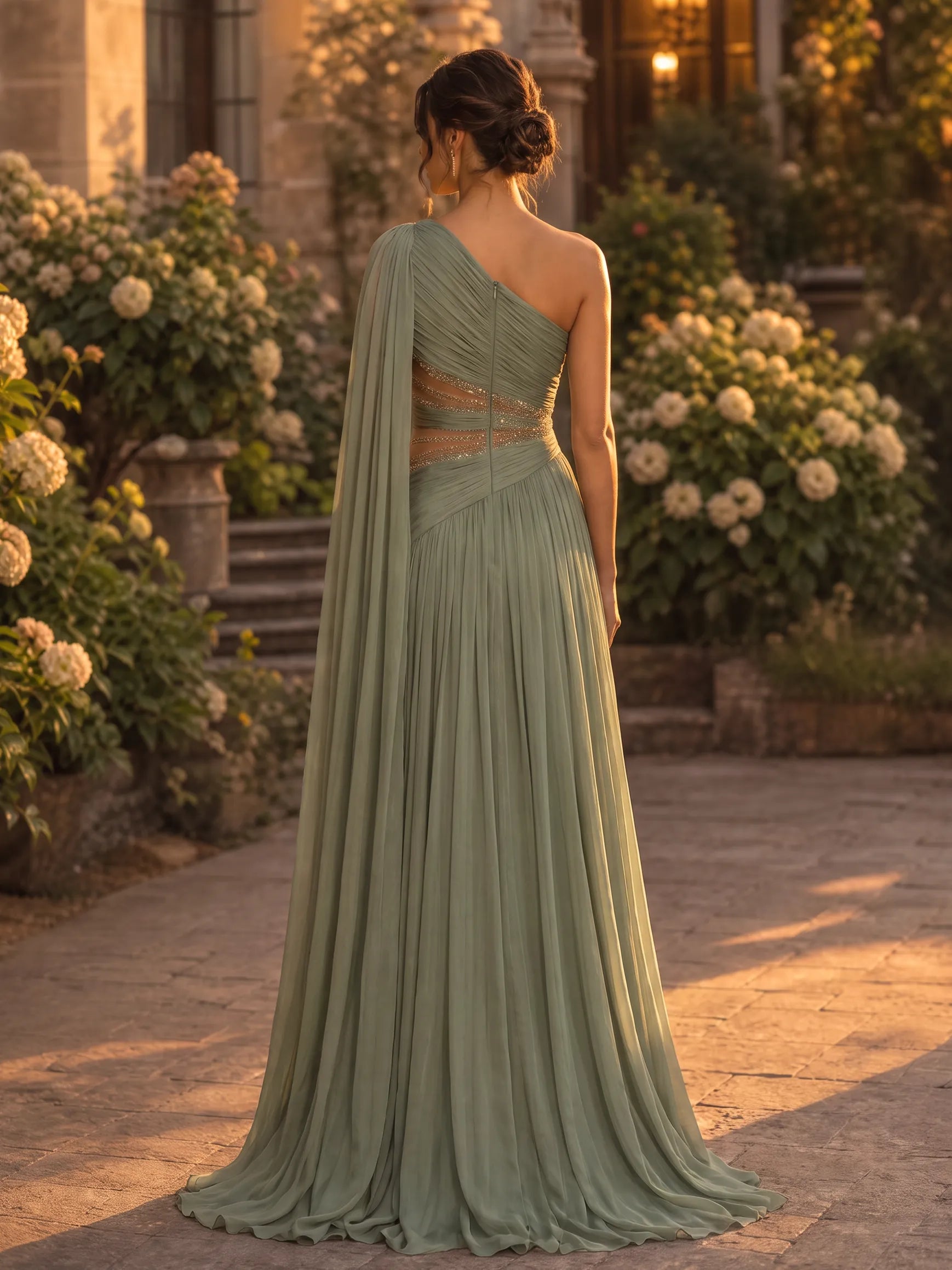 Sage Green One-Shoulder Cape Chiffon Cut-Out Evening Dress