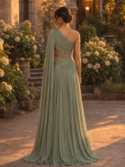Sage Green One-Shoulder Cape Chiffon Cut-Out Evening Dress