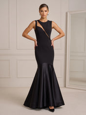 Sleeveless Diagonal Cutout Beaded Crepe & Satin Mermaid Evening Dress