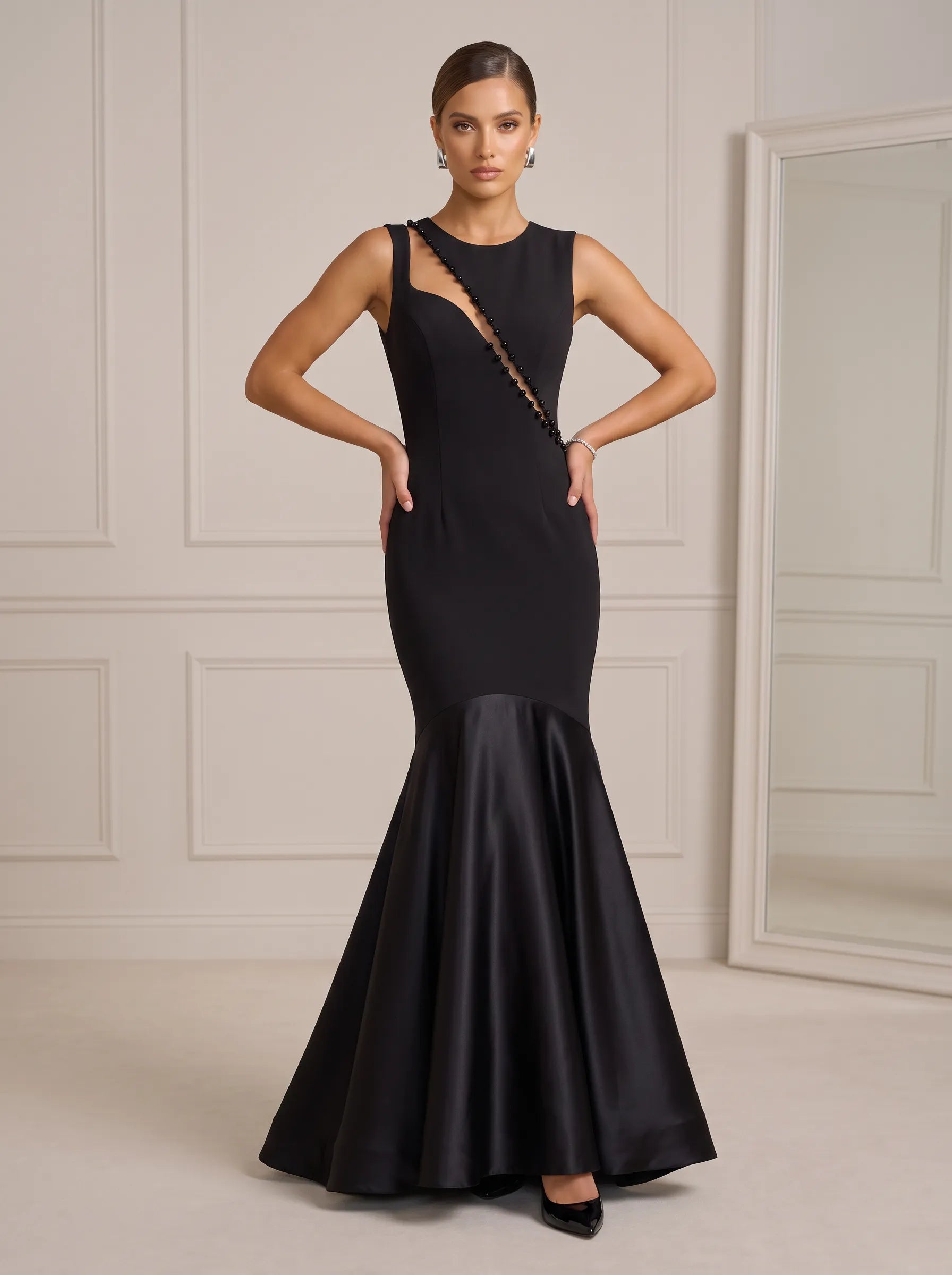 Sleeveless Diagonal Cutout Beaded Crepe & Satin Mermaid Evening Dress